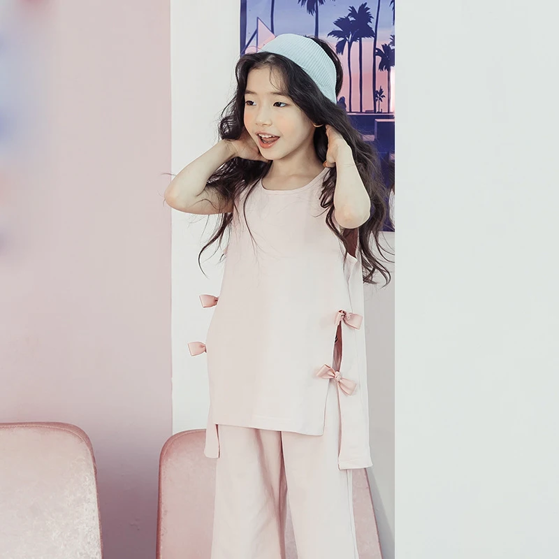 

cotton baby children girl clothes set pink sports suits big girls clothing sets sleeveless vest top + loose pants suits with bow