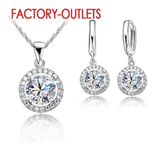 925 Sterling Silver Fashion Jewelry Pendant Necklaces Earrings Set Round Crystal Women Girls Club Party  Wholesale