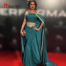 2017 Sexy Gold Perlen Spitze Jägergrün Satin Meerjungfrau Abendkleid Prom Kleider mit Mantel Lange Dubai Arabisch Lange Partei Pageant kleider