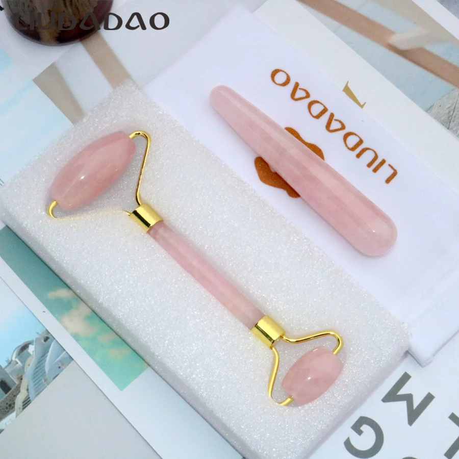 

Rose Quartz Face Rollers Relaxing Massager Acupoint Point Stick Massage Tools Natural Stone Facial Body Skin Care Tools