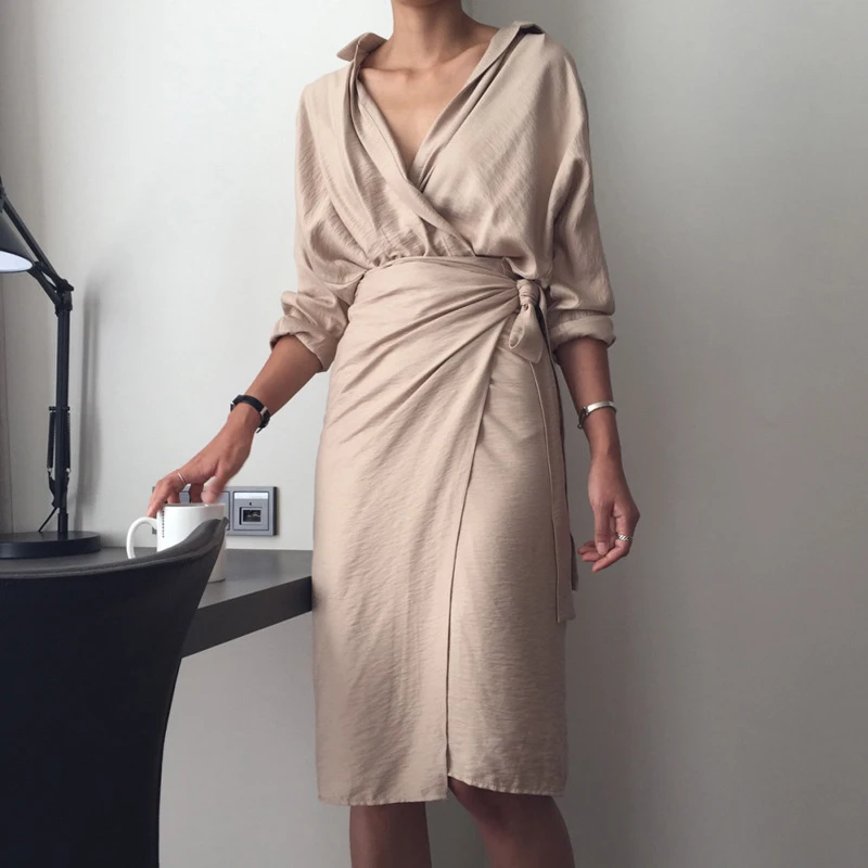 

fashion Women dresses beige V Neck Loose Long Sleeve summer Dress mid-calf linen cotton casual empire female dress vestidos
