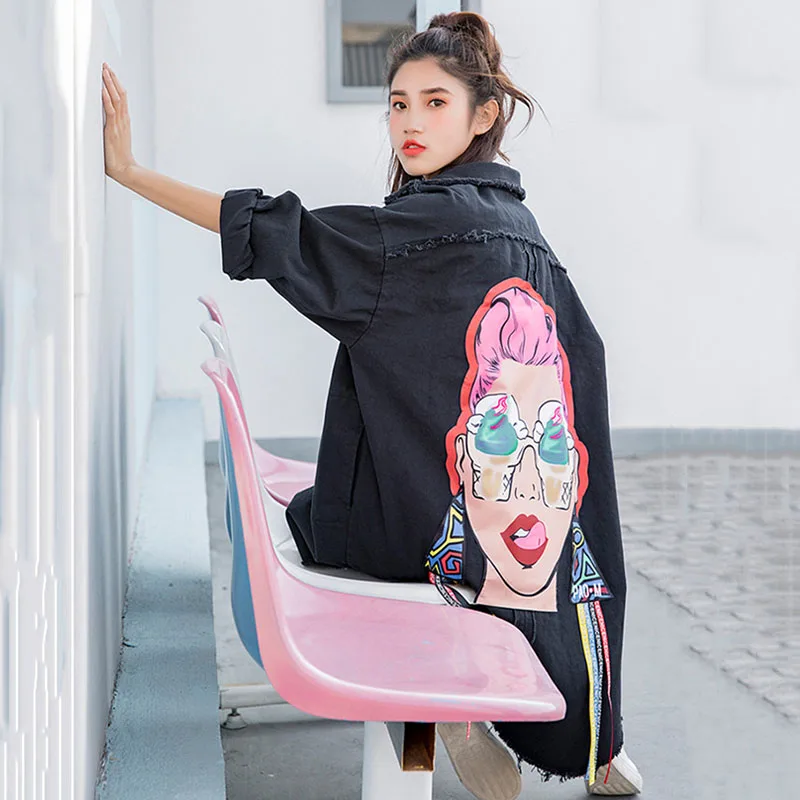 2019 Spring New Pattern Korean Print Turn-down Collar Long Cowboy Loose Single Breasted Coat Woman Windbreaker YH129 2019 Spring New Pattern Korean Print Turn-down Collar Long Cowboy Loose Single Breasted Coat Woman Windbreaker YH129
