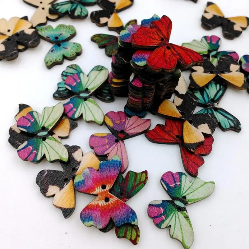 50 X Wooden Craft Buttons Flowers And Butterflies 15mm