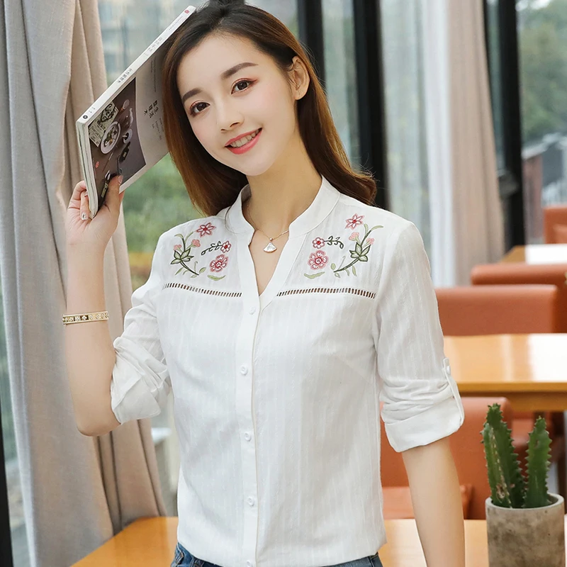 Модная женская блузка с цветочной вышивкой, Женские топы с длинным рукавом, белая офисная женская рубашка, женская одежда D839 30 - Цвет: Белый