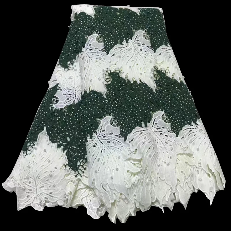 

(5yards/pc) white and green African guipure cord lace fabric with big leaves pattern and lots of stones beads for dress FLV44