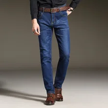 Новые мужские джинсы-стрейч Осень-Зима Средний вес тонкий деним черный синий Slim Fit платье джинсы