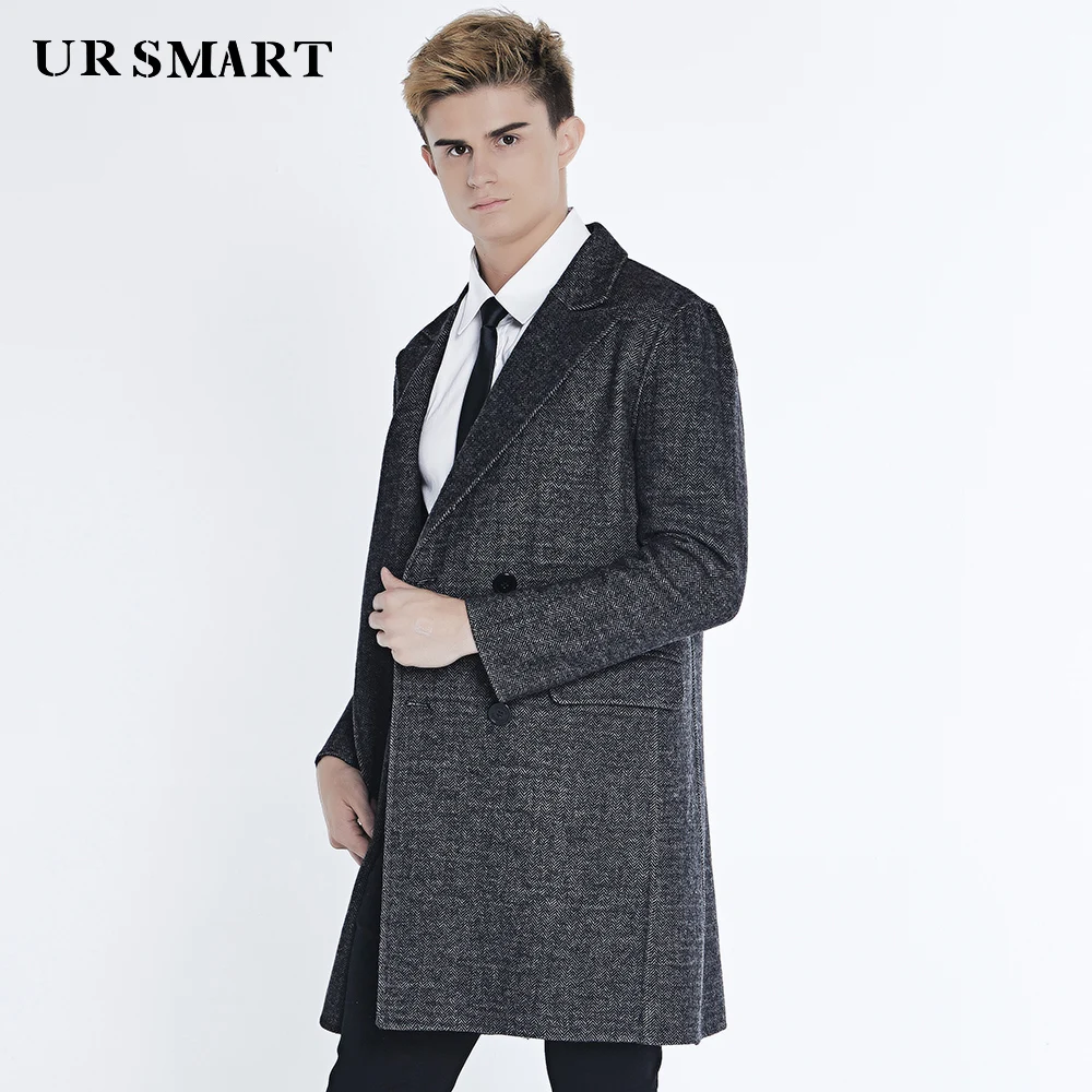 URSMART The new herringbone overcoat male fashion men long