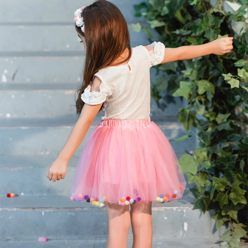 B&N Soft Chiffon Elastic Waist Girl Princess Pettiskirts Children Dance Solid Tutu Skirts Coloful Pompom Tulle Skirts For 2-8T8