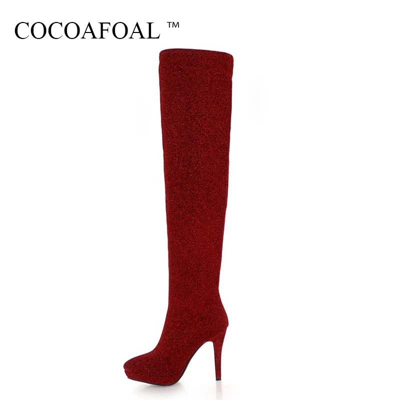 

COCOAFOAL Women's Winter Silvery High Heeled Shoes Sexy Woman Red Over The Knee Boots Black Fashion Bling Thigh High Boots 2018