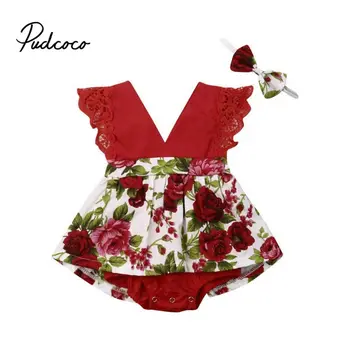 

2019 Summer baby girl clothing set Floral Romper + Headband Ruffle False Dresses baby girl clothes Newborn Outfits