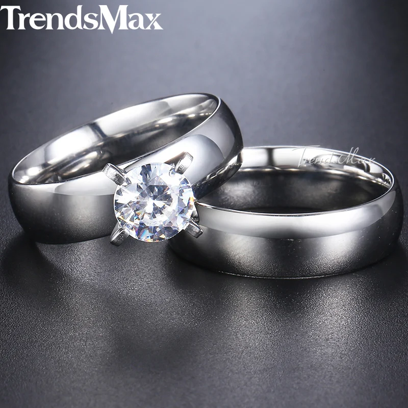Trendsmax Mens Womens Wedding Ring Set Gold Silver Tone Stainless Steel CZ Stone Couple Promise Band Engagement Ring KKRM28