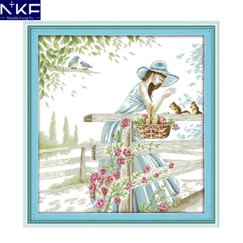 

NKF The Girl with Squirrels China Cross Stitch Needlework Counted Print Cross Stitch Kit for Embroidery Cross Craft Cross Stitch