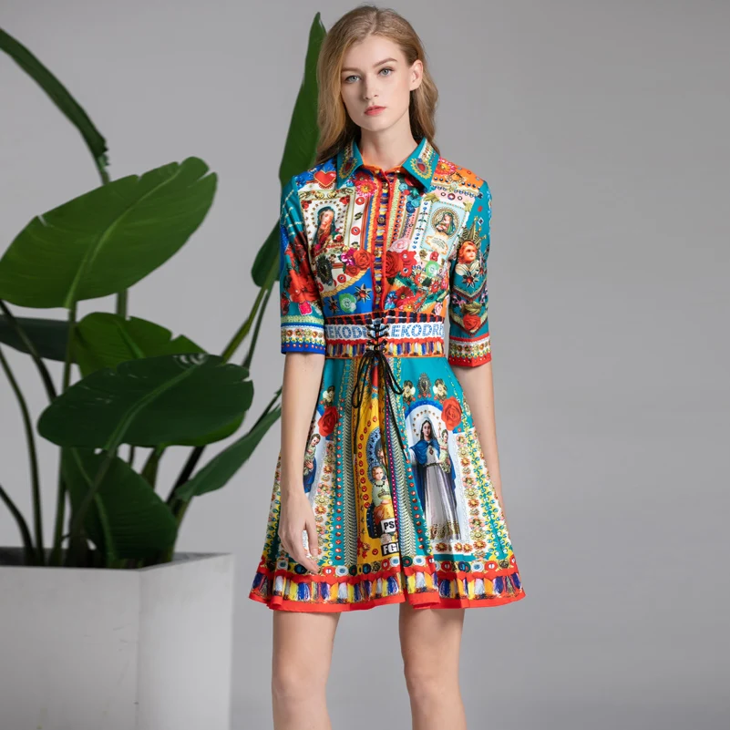 

High quality 2019 designer fashion summer dress Women's Half Sleeve Pattern Flower Printed Belt Vintage Indie Folk Dress