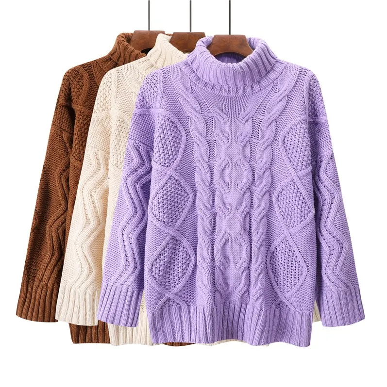 Autumn Winter Warm Turtleneck Sweater Blouse 2019 Korean Women Solid Twisted Thick Knit Pullover Brown Beige Casual Loose Jumper | Женская