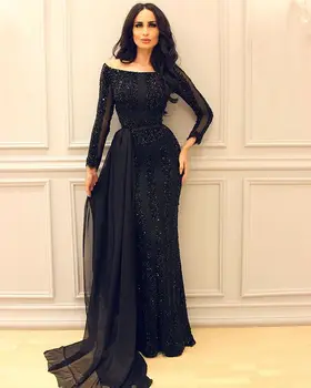 

Dark Navy Long Sleeve Evening Gowns Saudi Arabic Women Shiny Detail Lace Mermaid Formal Prom Dress With Removable Overskirt
