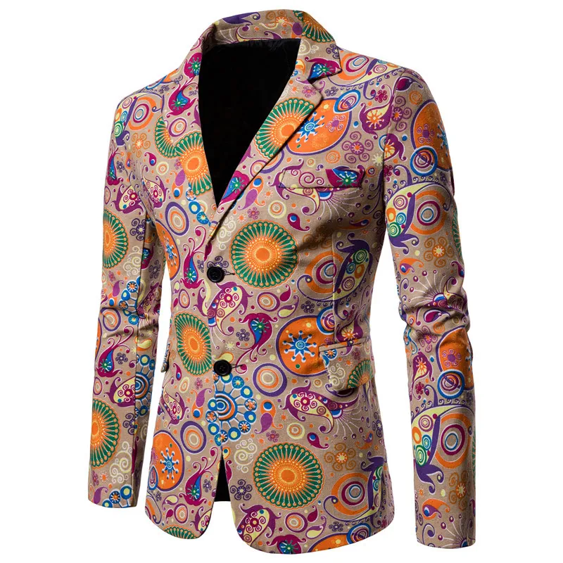 Мужские блейзеры 2018 Весна Национальный лист цветочный принт Мужская мода одной кнопки костюм куртка мужской с длинными рукавами пальто