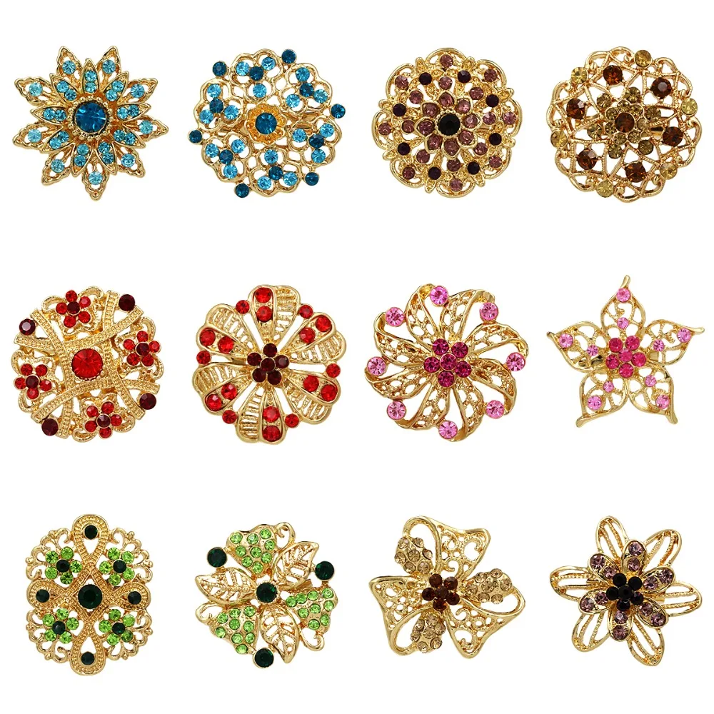 

baiduqiandu 12pcs/set Crystal Golden Clear Colorful Flower Brooches for Women Men Wedding Bridal Party DIY Bouquet Brooch Pin