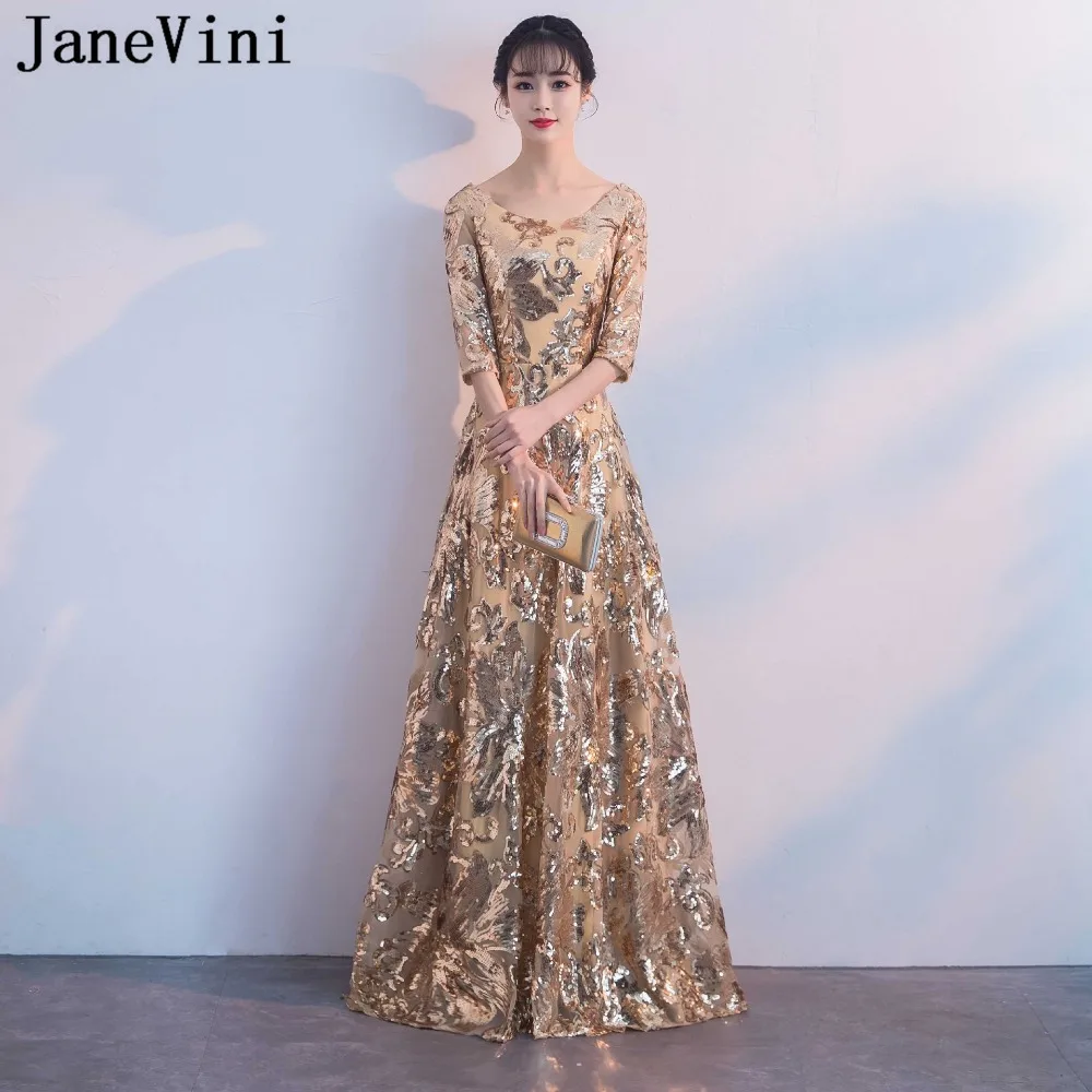 

JaneVini Sparkle Gold Long Prom Dresses Scoop Neck Half Sleeves Sequined A Line Floor Length Plus Size Elegant Women Prom Dress