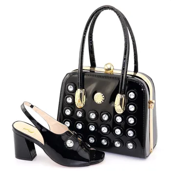 

Big size 44 black lady sandal shoes and clutches bag matching set italian shoe and bag set with many big stones SB8314-1