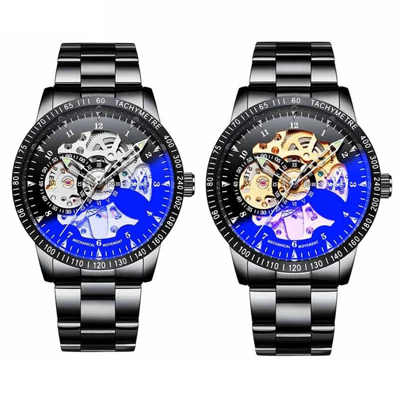 

Mens Skeleton silver Stainless steel Automatic Mechanical Wristwatch