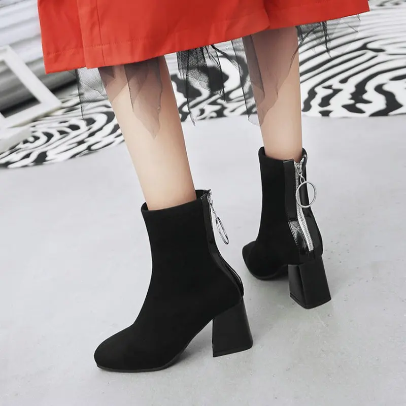 Tanie Sianie Tianie kontrastowy kolor pomarańczowy czarny blok wysokie obcasy buty kobieta rozciągliwa tkanina kobiety botki skarpetki rozmiar bucików 45 46