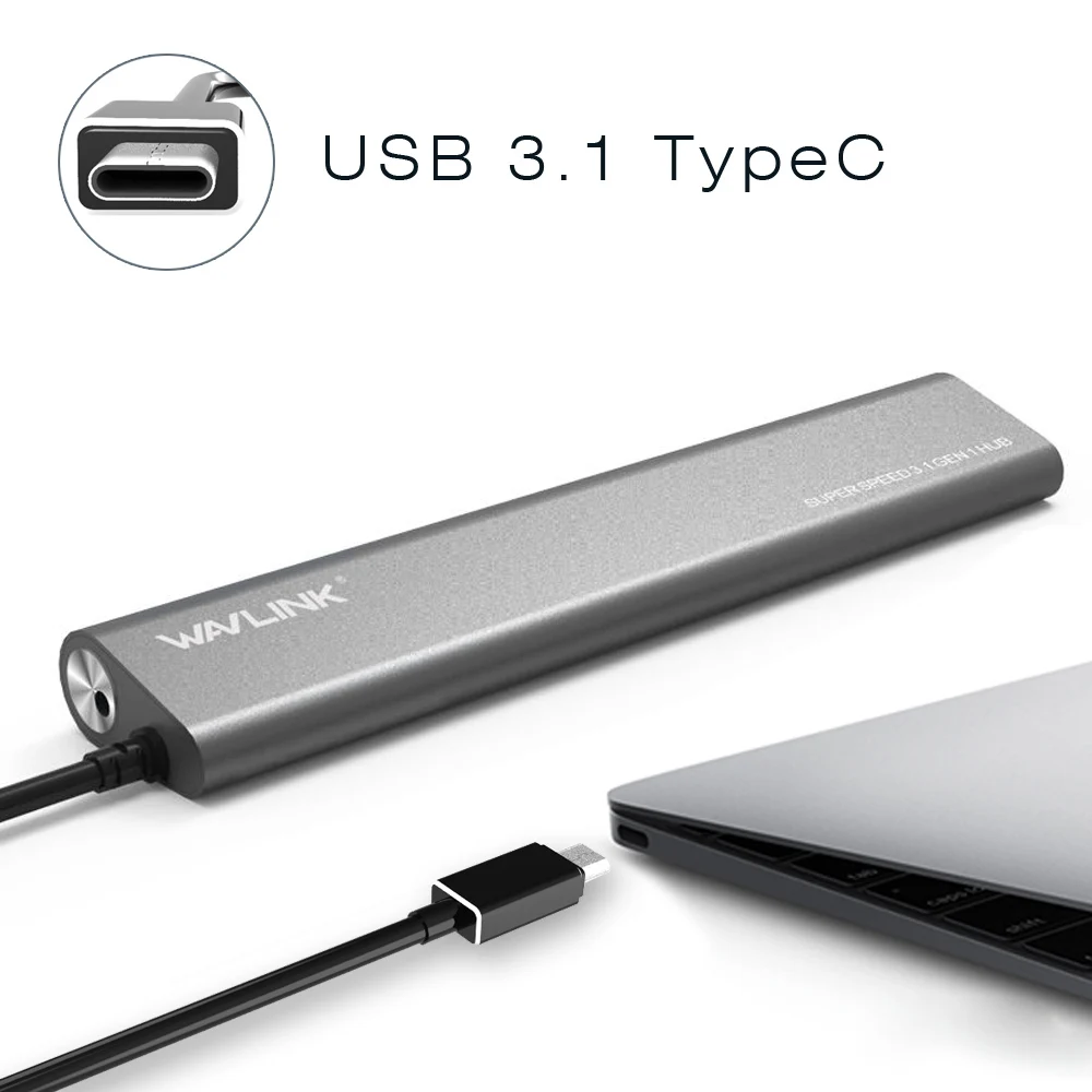 Дешево Wavlink font b USB b font 3,1 Тип C кабель Алюминий до 7 Порты и разъёмы font b USB b font 3,0 ( font b USB b font 3,1 Gen 1) Данные font b USB b font хаб для портативных ПК компьютер с четырехъядерным процессором 5V 4A ...