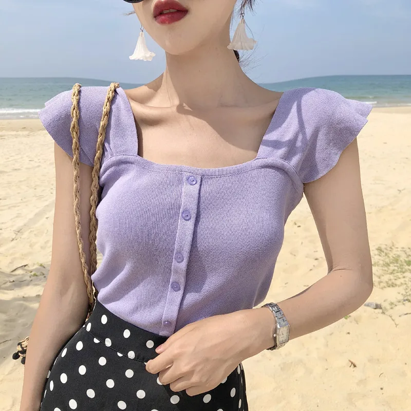 

Solid Color Women Knitted Crop Tops Basic T shirts 2019 Summer Streetwear Tee Short Ruffles Sleeve Shirts Women Knitwear Tshirt