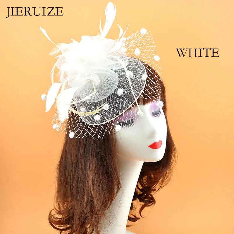 

JIERUIZE Bridal Net Feather Hats White Red Black Birdcage Net Wedding Hats Bridal Fascinator Face Veils bride Hats