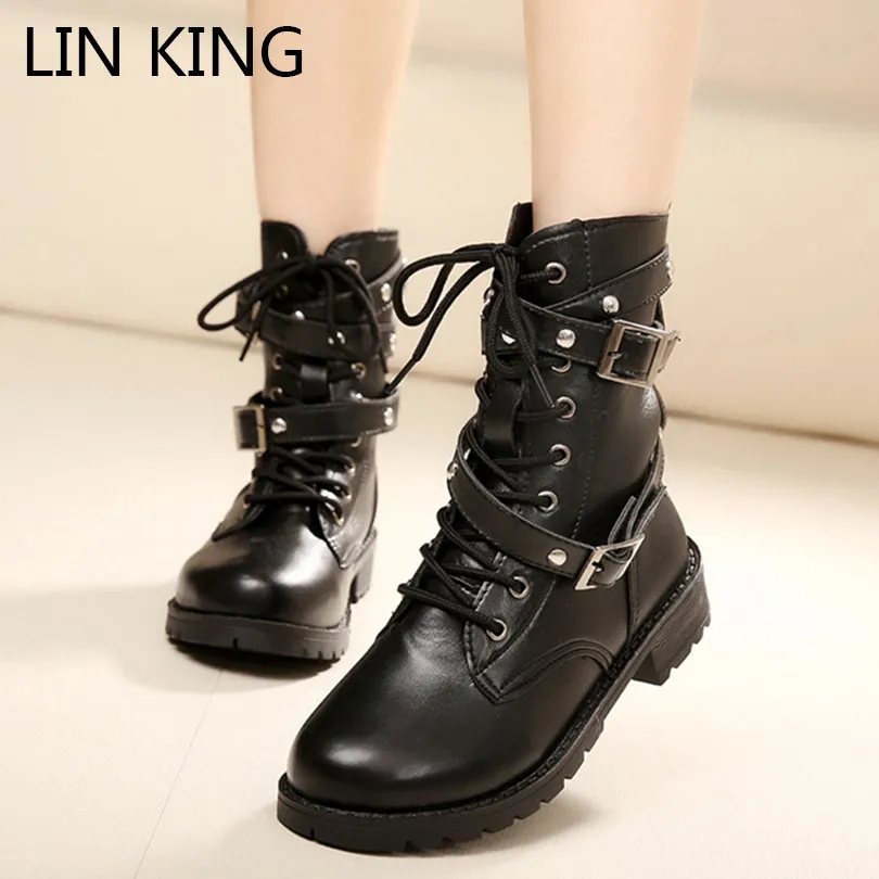 LIN KING/модные женские полусапожки до середины икры; черные мотоциклетные ботинки на шнуровке; женские армейские сапоги на квадратном каблуке в военном стиле; большие размеры