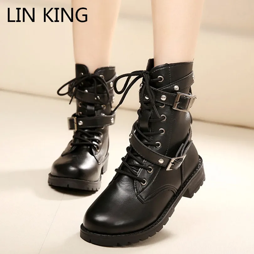 

LIN KING Fashion Mid Calf Women Short Boots Black Lace Up Motorcycle Boots Square Heel Woman Military Combat Army Boots Big Size