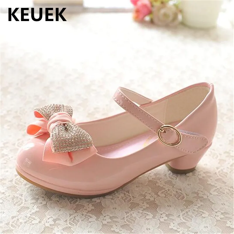 

New Children Blue Butterfly-knot High-heeled Princess Girls Shoes Pink Performance Dance Student Baby Kids Leather Shoes 04