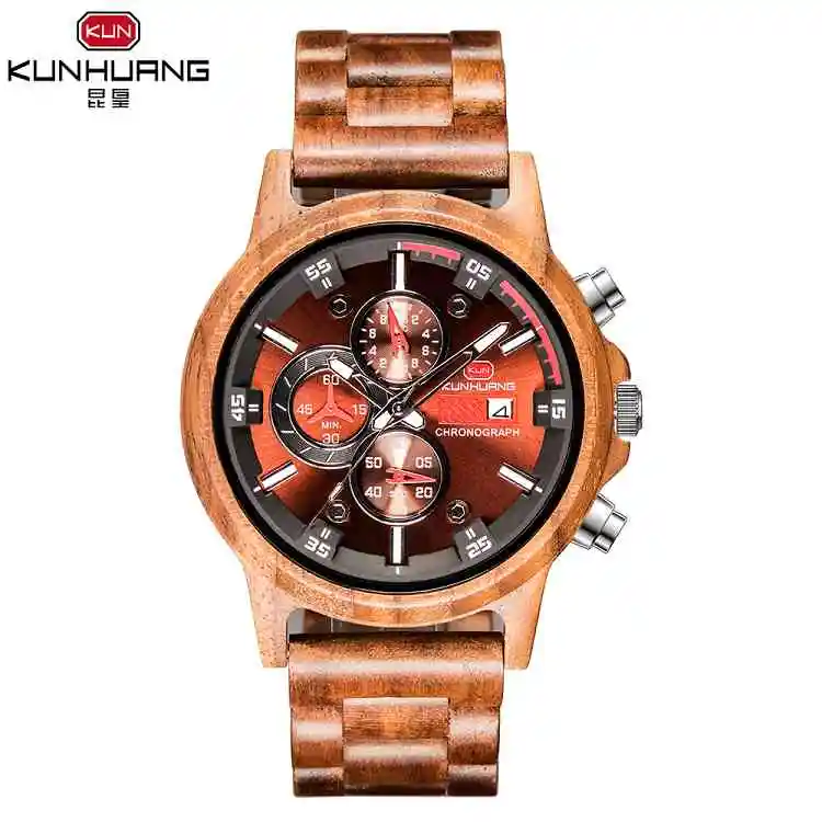 Kun Huang мужские деревянные часы erkek kol saati роскошный стильный деревянный Хронограф военные кварцевые часы в Подарочная коробка из дерева - Цвет: Хаки