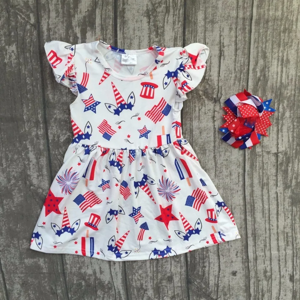 

new arrival unicorn star 2018 July 4th dress Summer girl kids wear milk silk dress children boutique clothing with matching bow