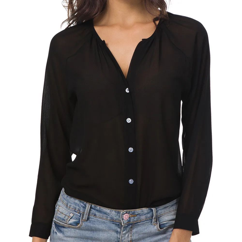 Summer Women Thin Black Blouse 2019 Ladies Collarless Long