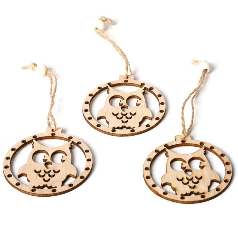 

3pcs/set Vintage Christmas Owl Pendants with Rope Beads Ornament Wooden DIY Crafts Hanging Tree Party Decor Gift