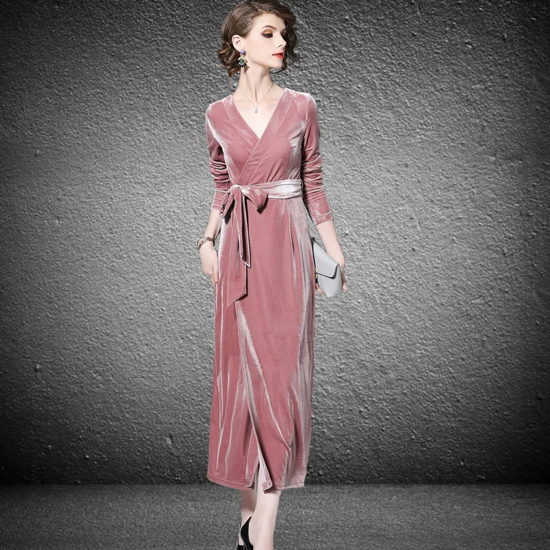 

New European and American Pink Velvet Dress Elegant V-Neck Dress with Sashes