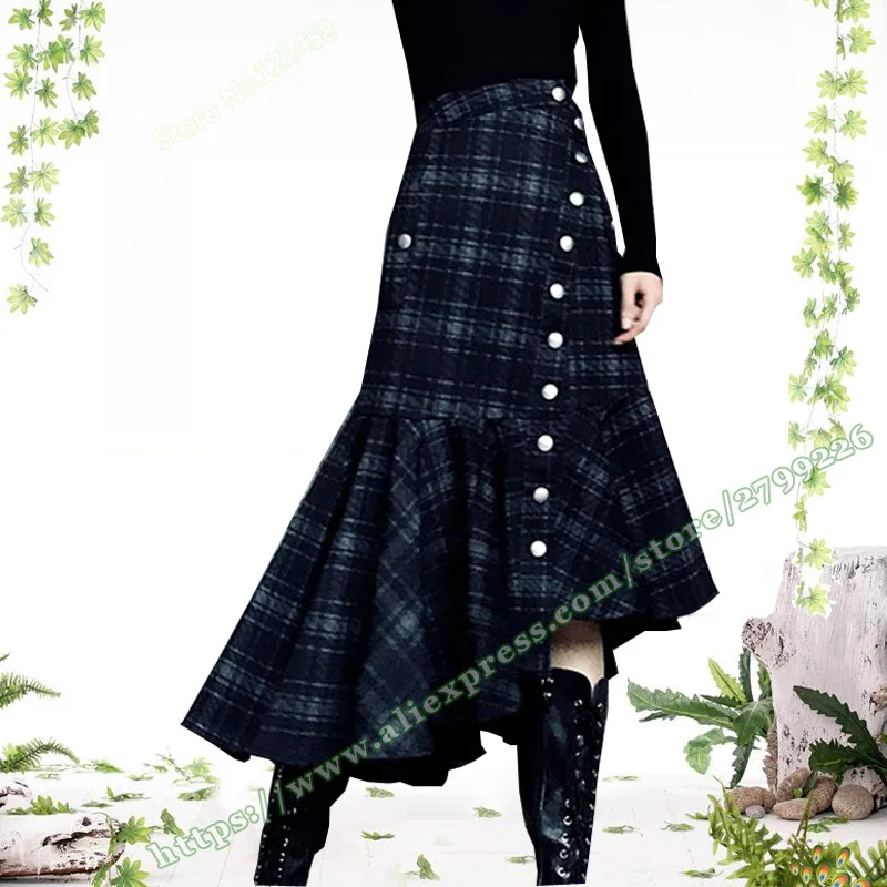 

2019 Spring Autumn Punk Style Black Cotton Plaid Grid Button Asymmetric Fishtail female Long Skirt Retro vintage Skirts Womens
