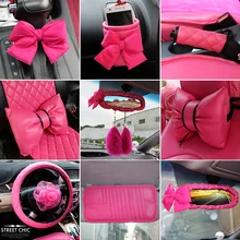 Women Car Interior Accessories Pink Roseo Red Steering Wheel Cover Neck Rest Pillow Seatbelt Cover Shifter