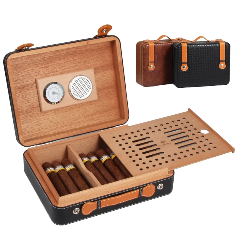 

COHIBA Cedar Wood Travel Humidor Suitcase Leather Cigar Case Cigar Handle Humidors Box With Humidifier Humidor Hygrometer