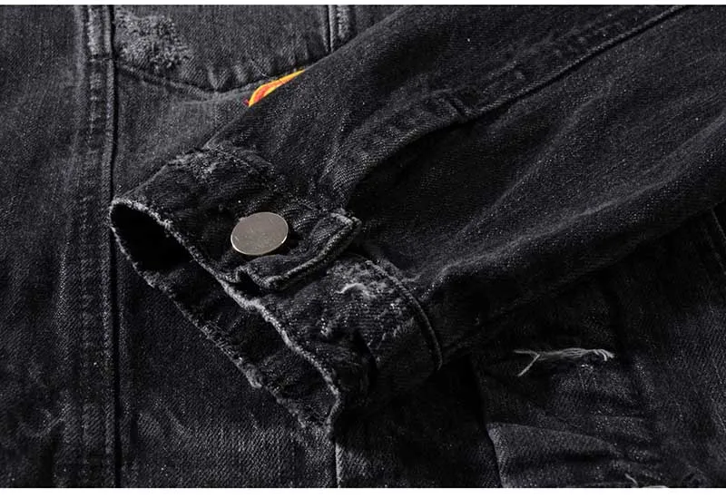 Mcik Модные мужские с принтом джинсовые куртки черные рваные джинсовые куртки Проблемные уличная пальто для мужчин ретро