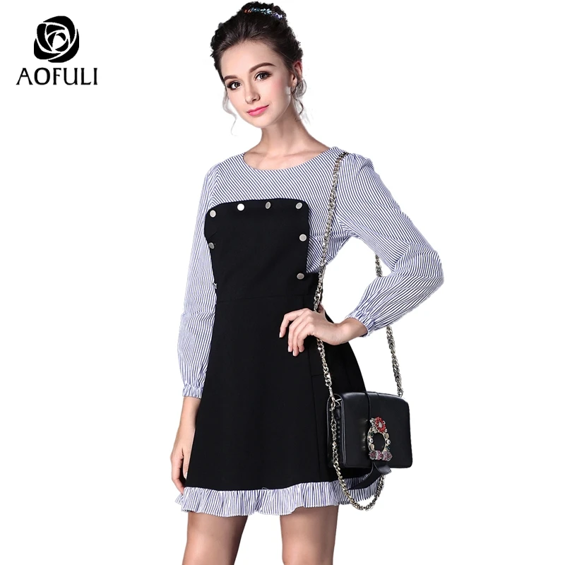 

L- 5XL Stripe Print Patchwork Dress Buttons Plus Size Safari Style Ladies Autumn Cotton Dress Fashion Casual Women Clothing 6009