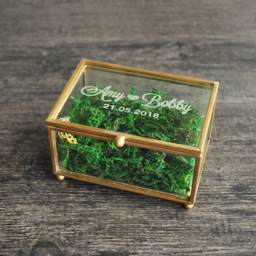 

Personalized Glass Ring Holder with Moss, Wedding Ring Bearer Box, Glass Ring Box, Wedding Ring Box,Engraved Names
