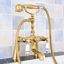 Luxury Gold Color Brass Double Ceramic Flower Handle Deck Mounted Claw Foot Bathroom Tub Faucet Mixer Tap With Handshower mtf780 Luxury Gold Color Brass Double Ceramic Flower Handle Deck Mounted Claw Foot Bathroom Tub Faucet Mixer Tap With Handshower mtf780