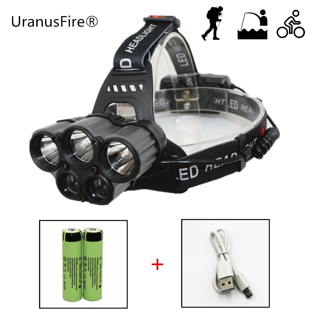 

3800 lumens 5 LED USB headlamp 3*T6+2*Q5 headlight LED head lamp camp hike emergency light night fishing lantern