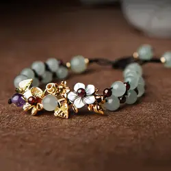 Натуральный нефритовый бисер браслеты браслет для женщин ручной Плетеный Винтаж Панк вдохновляющие цветы с гранатом