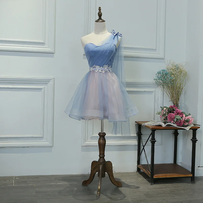 Simple One Shoulder Pleats Lace Up Vestidos De Festa Tulle Backless Mini Bridesmaid Dresses Sleeveless Party Gowns | Свадьбы и