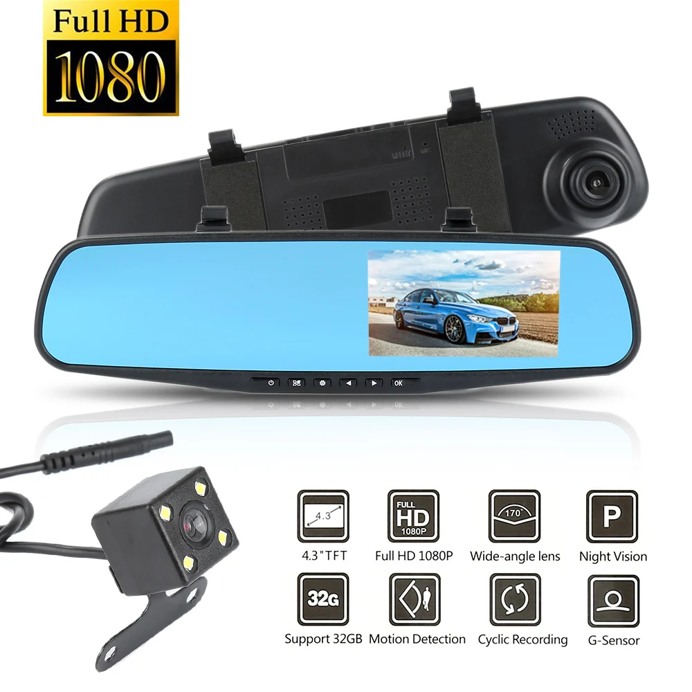 

HD 4.3" LCD Display Car DVR Camera Ultra Wide Angle Front Rear Camera Dual Recording Driving recorder on Rear view Mirror XNC