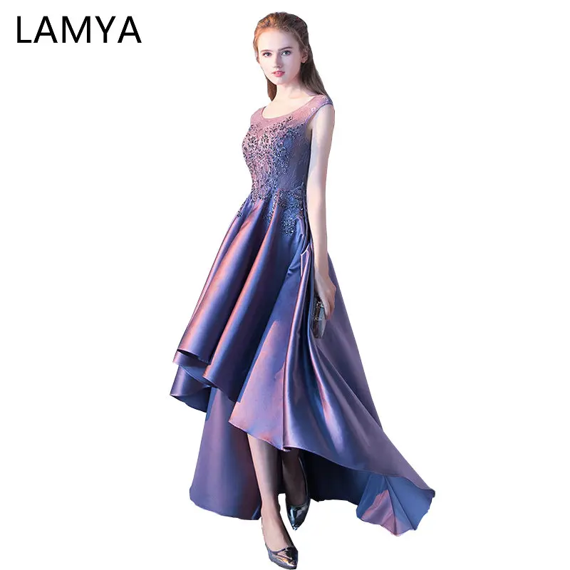

LAMYA Women High Low Satin Prom Dress O Neck Lace Evening Party Dresses 2019 Back Short Front Long Back vestido de festa