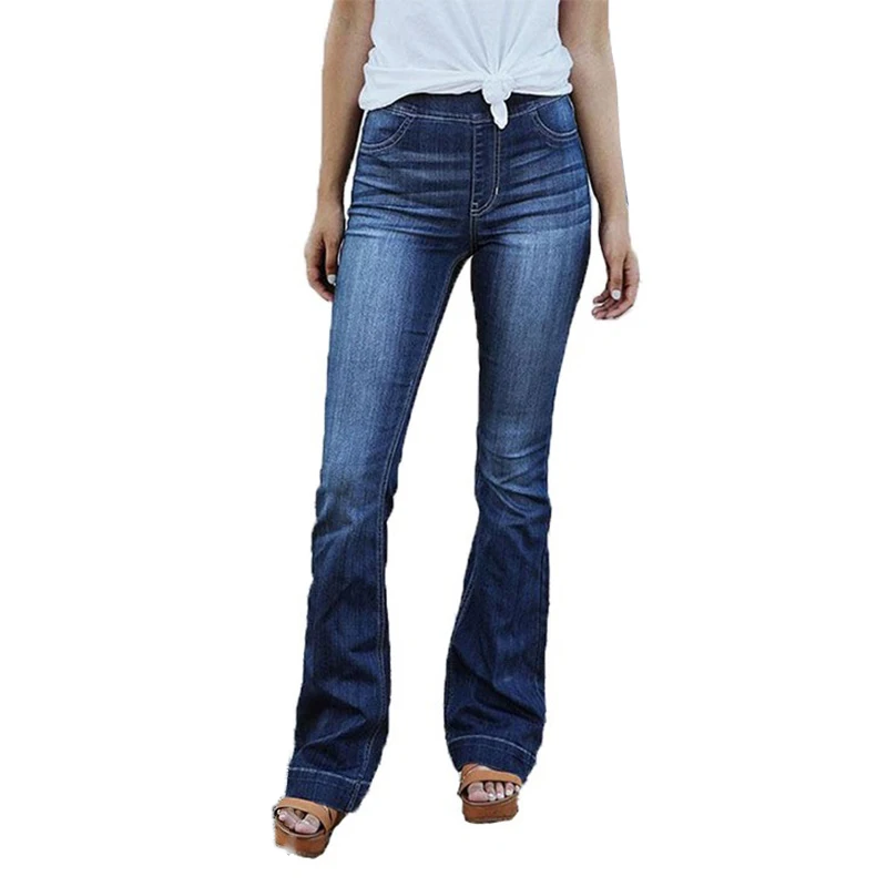 Женские эластичные джинсы с широкими штанинами, женские повседневные потертые джинсовые расклешенные брюки, брюки, большие размеры - Цвет: Blue