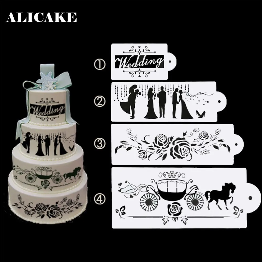 

4Pcs Engaged Wedding Cake Spray Pattern Lace Fondant Pastry Cake Decorating Tools Template Baking Tools For Cakes z20